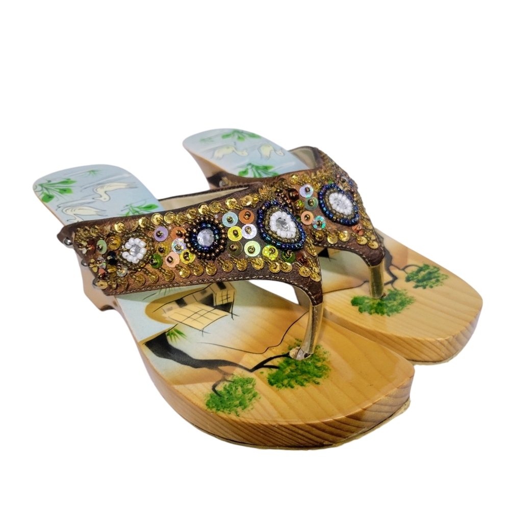 Vintage Y2K Bamboo Wooden Wedge Sandals Boho Sequin Painted Size 7